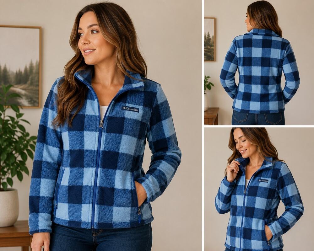 Columbia Benton Springs Fleece Jacket Women's M Blue Buffalo Plaid Full Zip